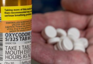 person holding a handful of pills next to an oxycodone bottle