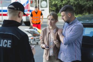 woman gives statement to police after collision